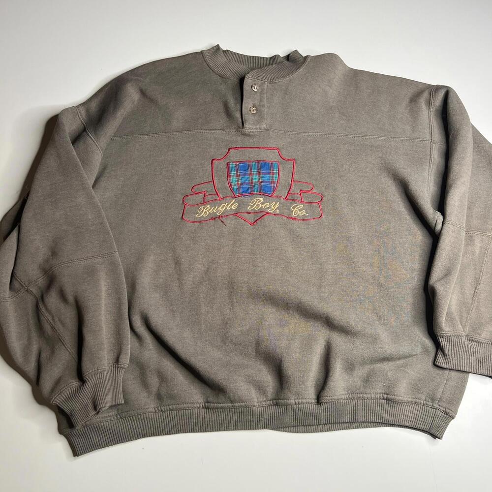 Vintage Bugle Boy Co Henley Sweatshirt Gray XL Pullover Crest Embroidered